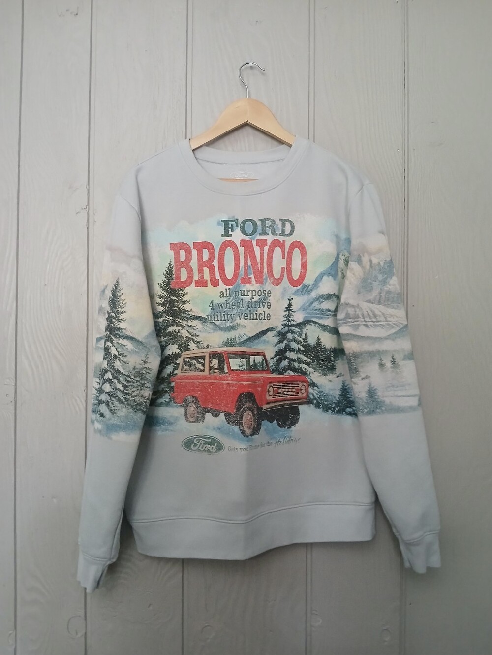 Ford Bronco Men's Crewneck Sweatshirt in Light Gray with Red Bronco Graphic